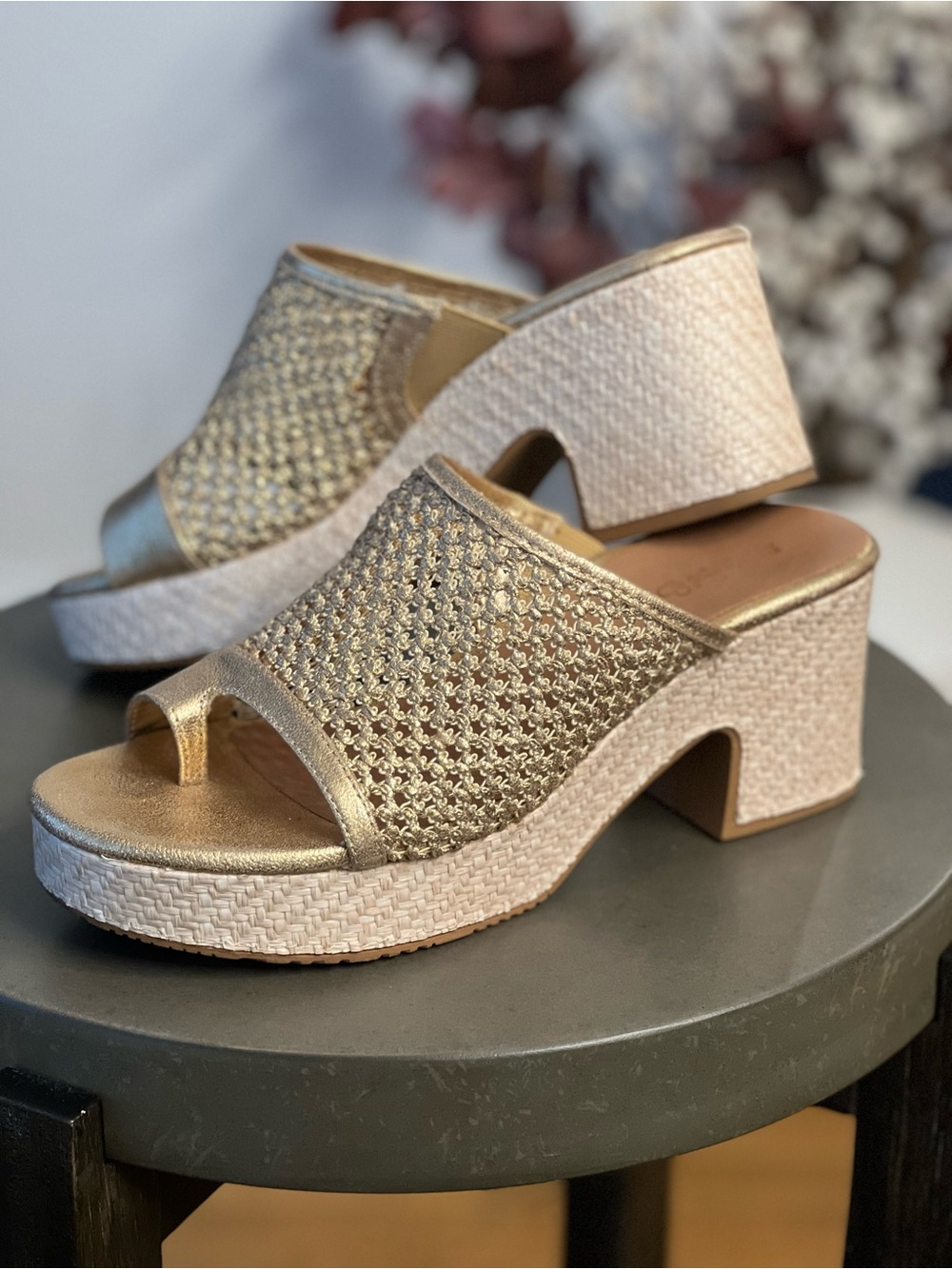 BareTraps Gold Metallic Woven Toe-Ring Block Heel Mules